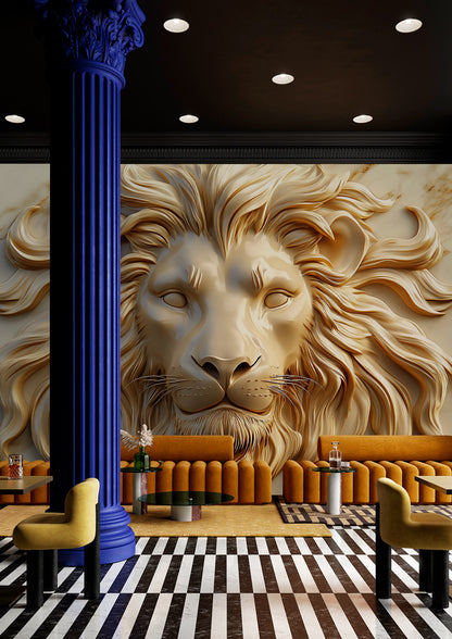 Golden Marble Lion Relief Mural Wallpaper