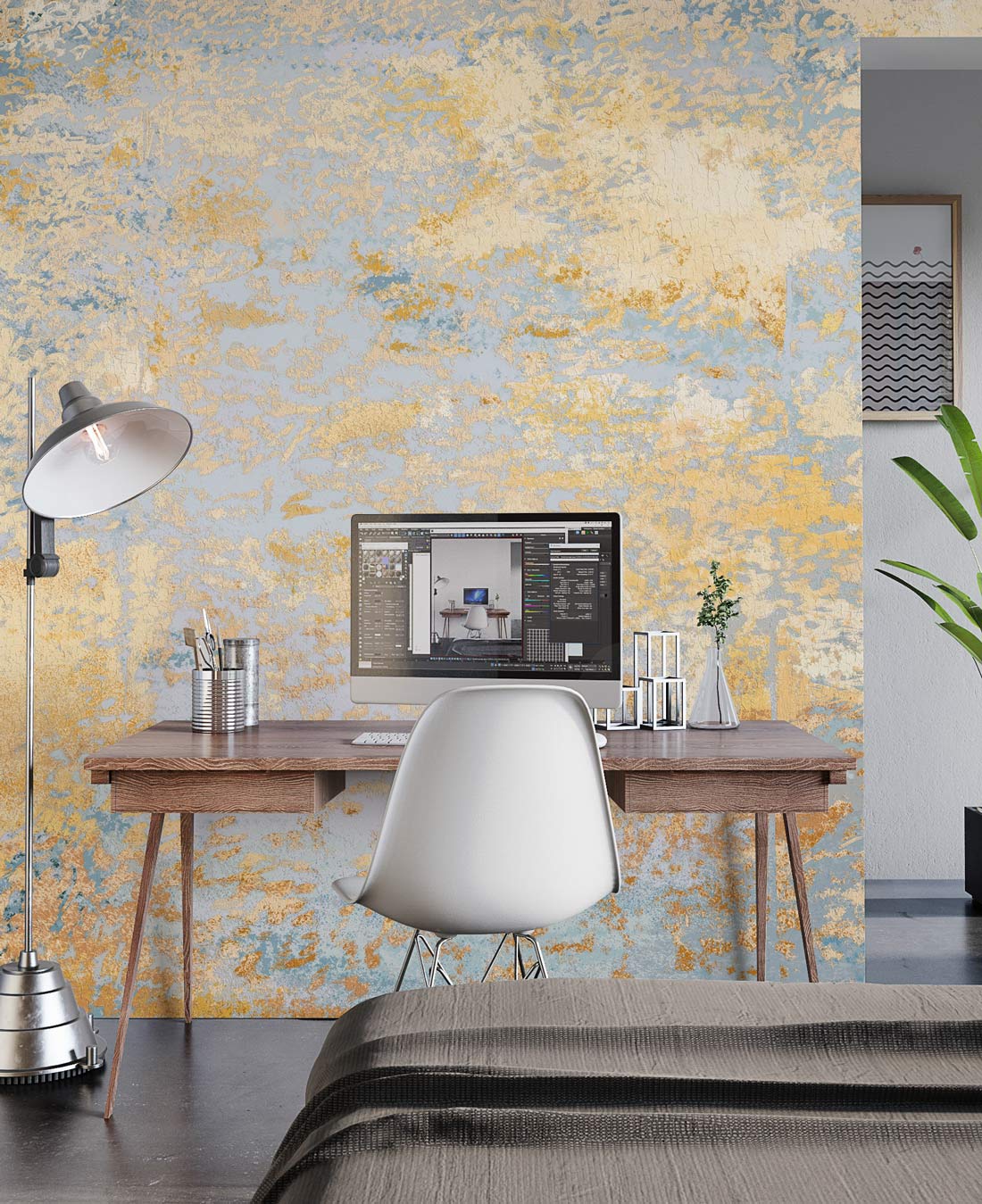 Abstract Gold Splash Blue Mural Wallpaper