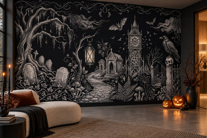 Moonlit Cemetery Ravens and Gothic Tower Halloween Wallpaper Mural - image 4