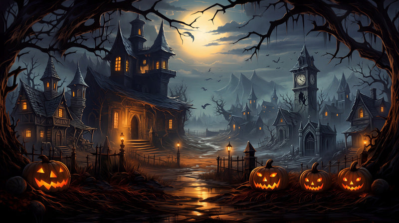 Haunted Castle Pumpkins Under Full Moon Halloween Wallpaper Mural - image 2