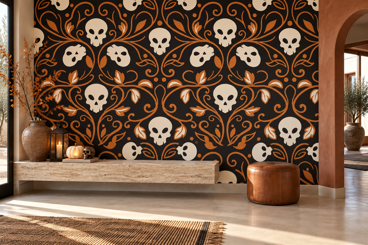 Ornate Skulls and Leaves Halloween Wallpaper Mural room scene