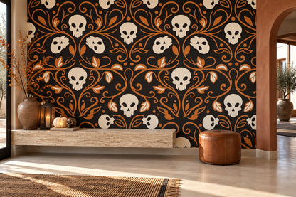 Ornate Skulls and Leaves Halloween Wallpaper Mural room scene