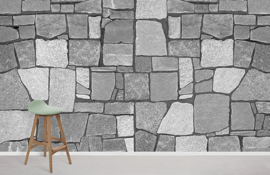 Wallpaper mural in grey brick for use in interior design.