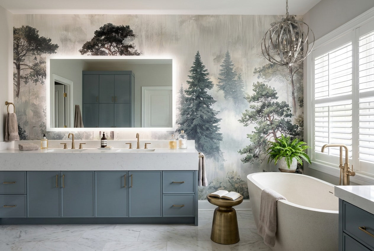 Misty Gray Woodland Pine Tree Wallpaper Mural interior setting