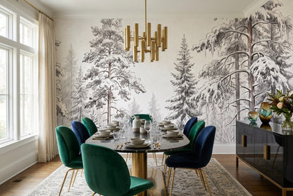 Gray Sketch Pine Forest Wallpaper Mural interior setting