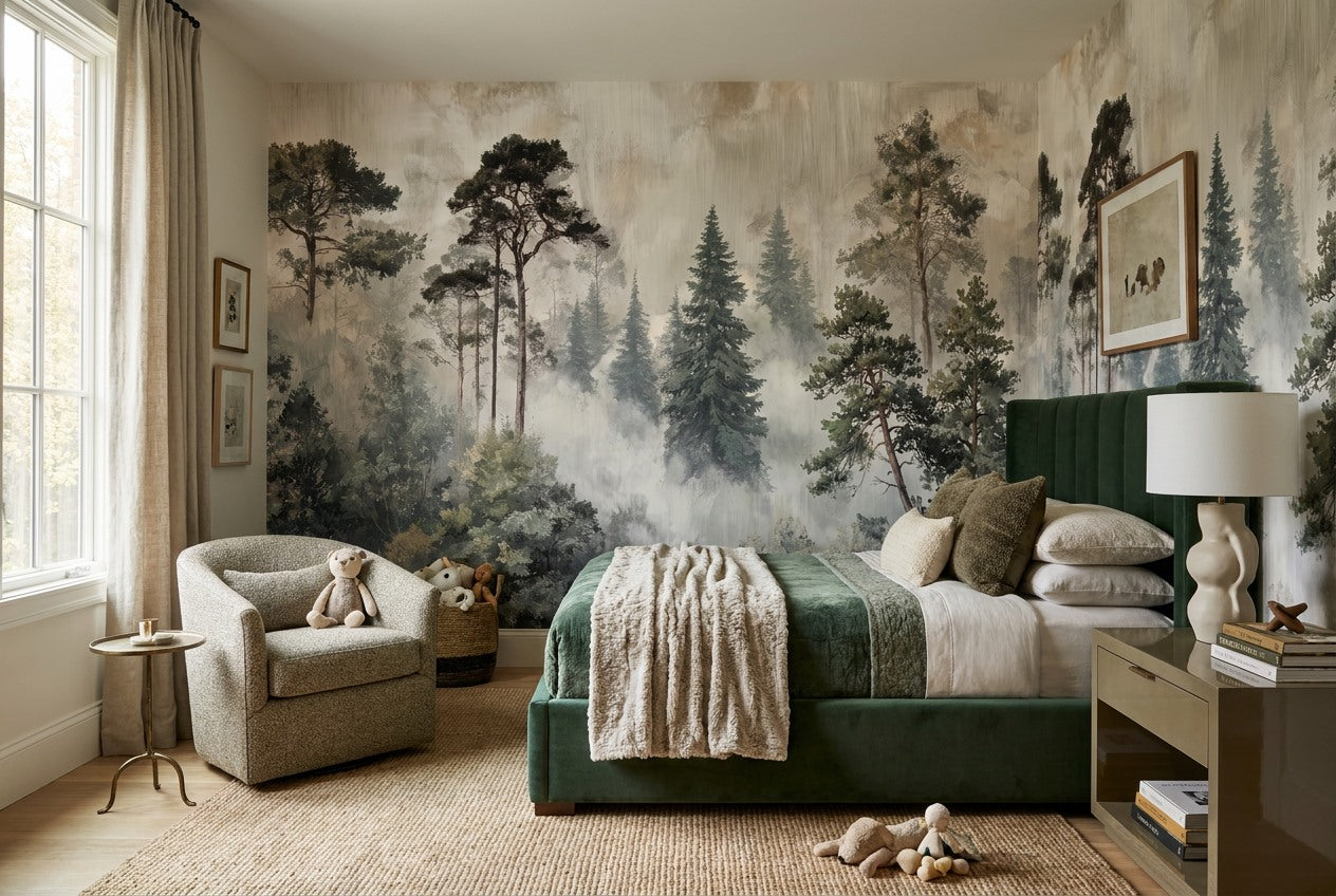 Misty Gray Woodland Pine Tree Wallpaper Mural interior setting