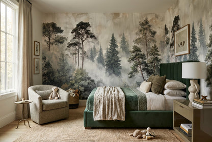 Misty Gray Woodland Pine Tree Wallpaper Mural interior setting