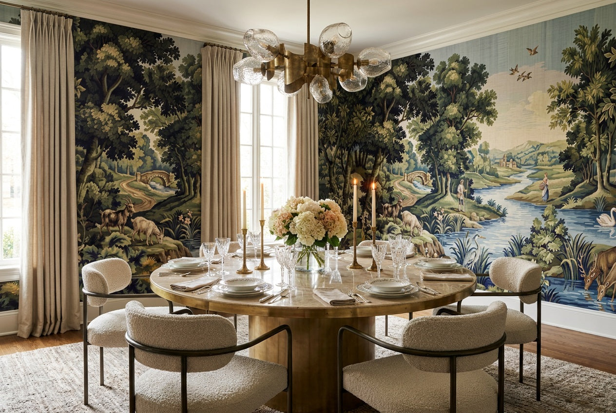 Green Woodland Animals Landscape Wallpaper Mural - 1