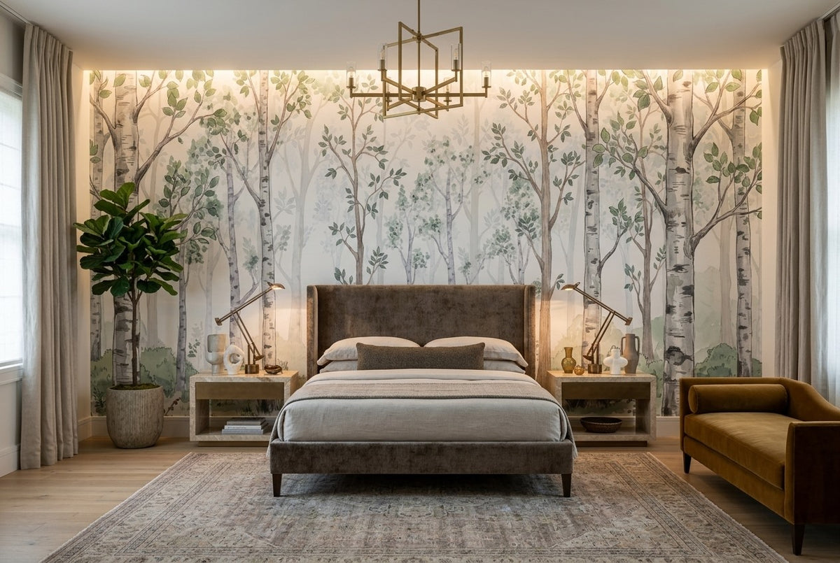 Soft Green Birch Forest Wallpaper Mural room scene