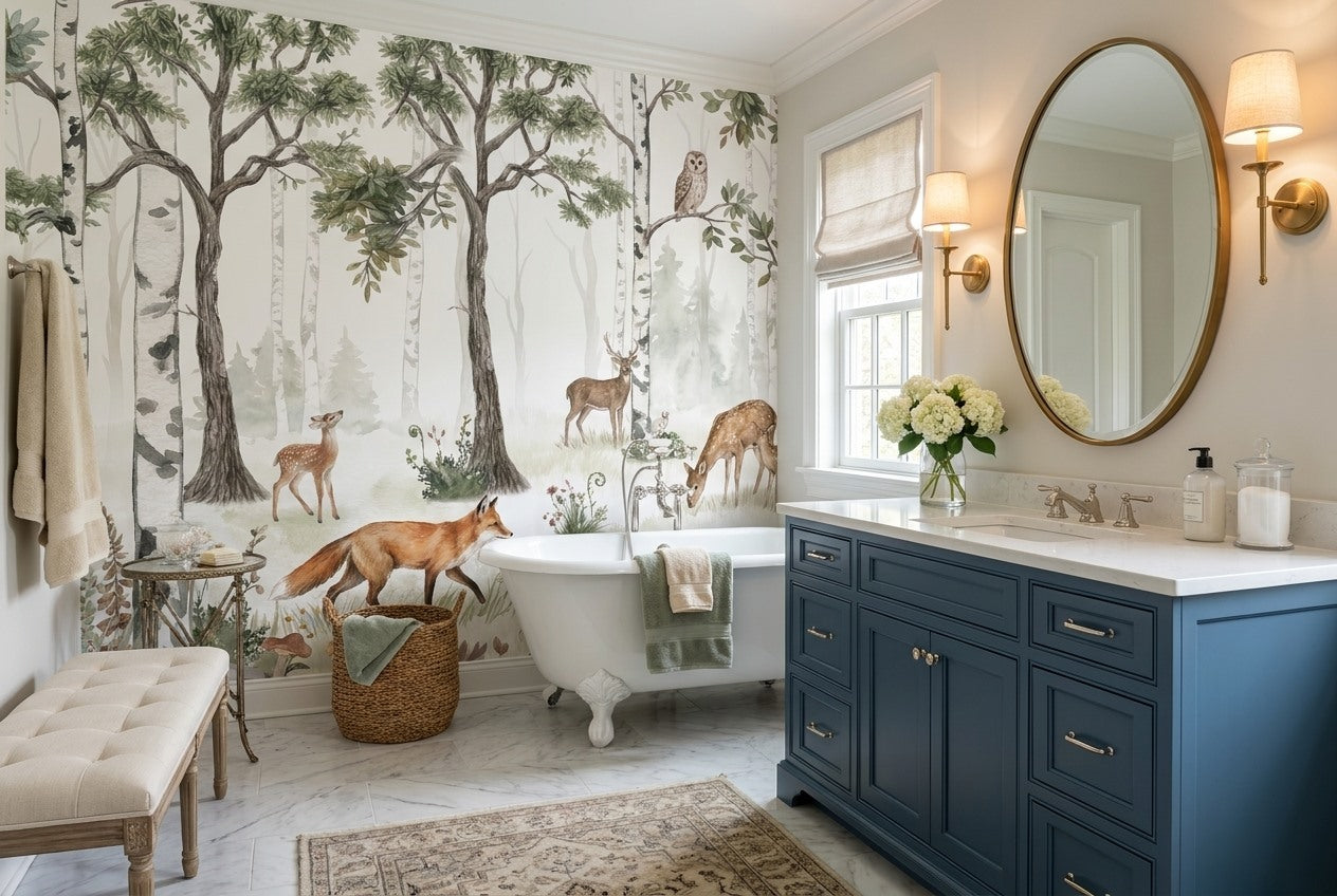 Pale Green Birch Forest Wallpaper Mural in an interior room