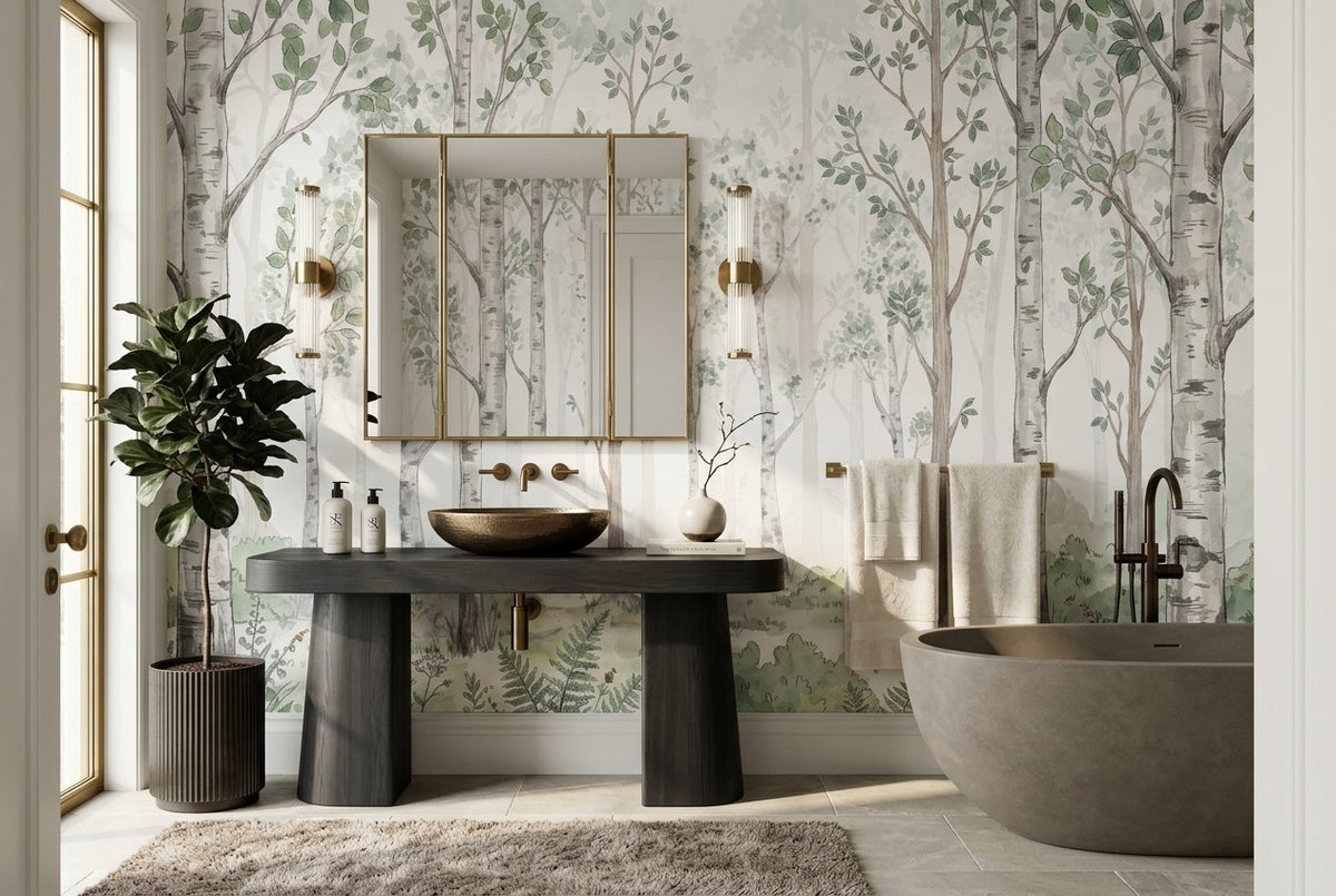 Soft Green Birch Forest Wallpaper Mural interior scene