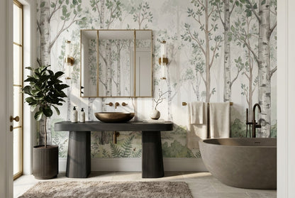 Soft Green Birch Forest Wallpaper Mural interior scene