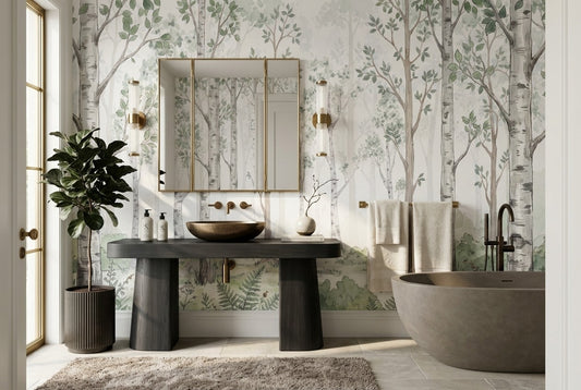 Soft Green Birch Forest Wallpaper Mural interior scene