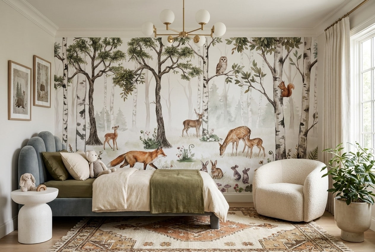 Pale Green Birch Forest Wallpaper Mural room scene