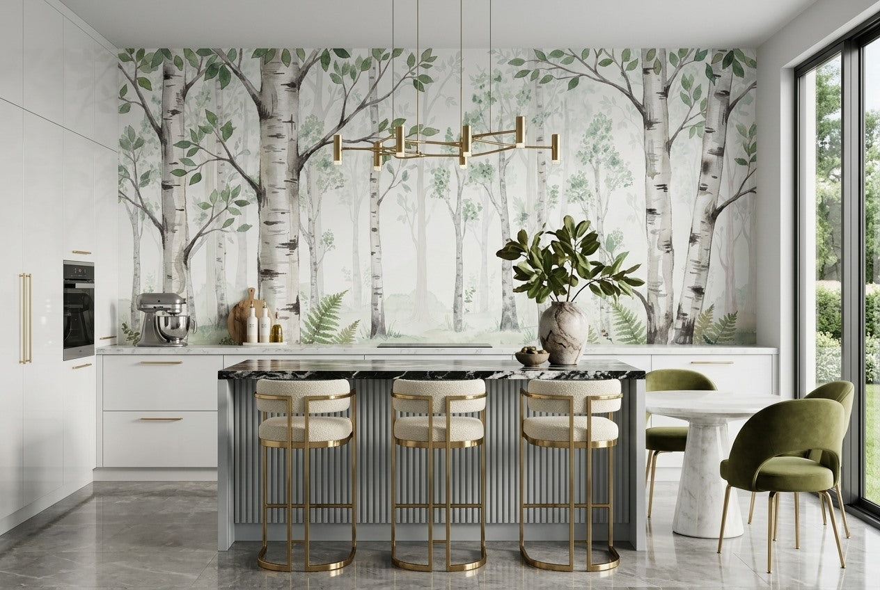 Natural Green Birch Forest Wallpaper Mural room scene