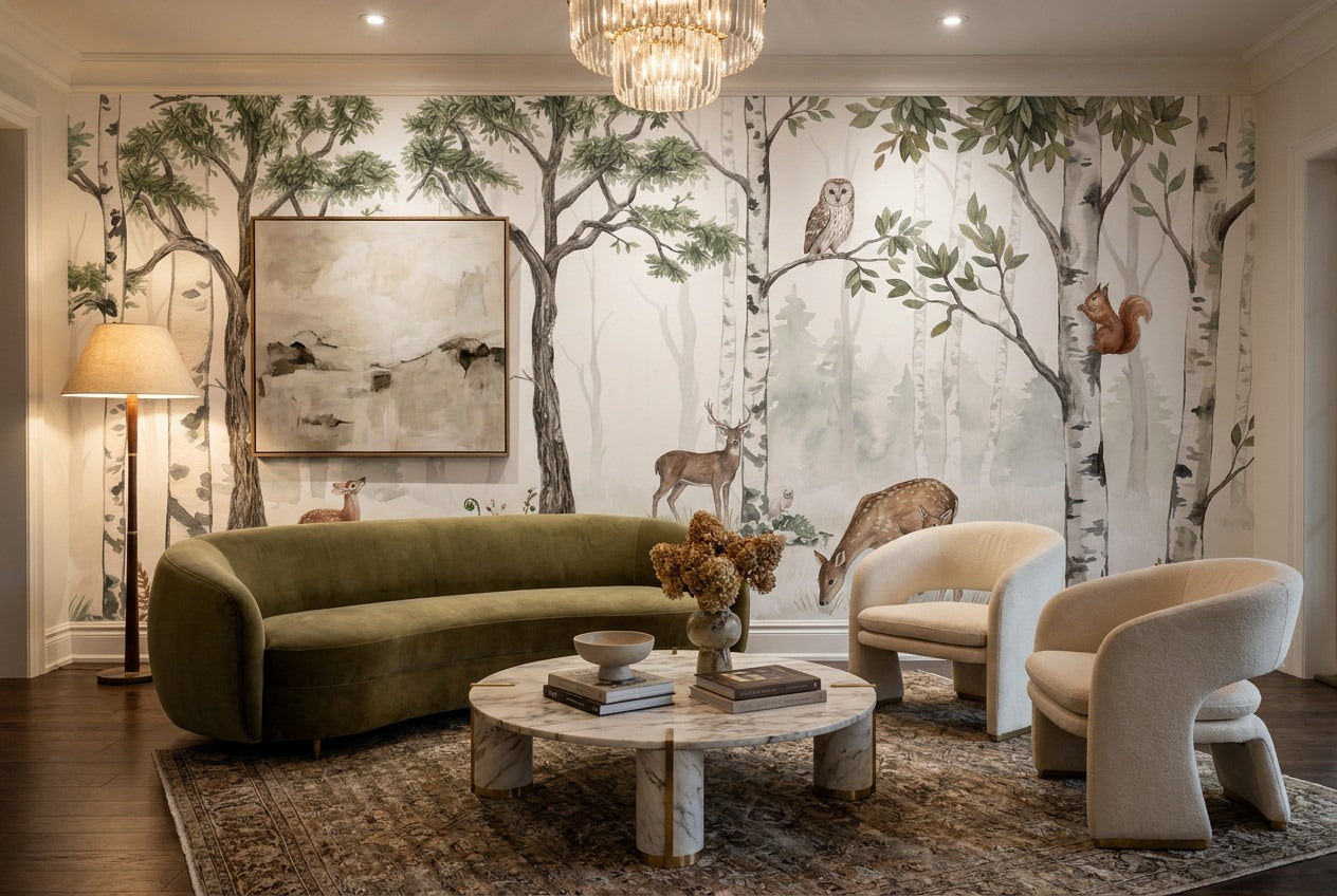 Pale Green Birch Forest Wallpaper Mural room scene