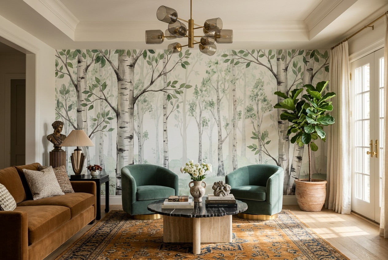 Natural Green Birch Forest Wallpaper Mural room scene