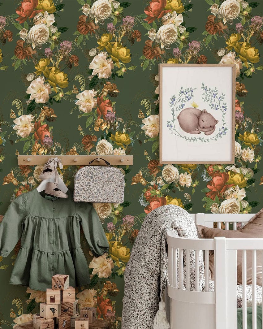 Vintage Floral Bouquet Green Mural Wallpaper