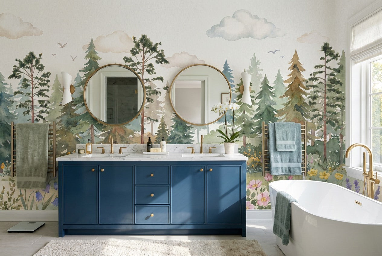 Green Meadow Pine Tree Wallpaper Mural room scene