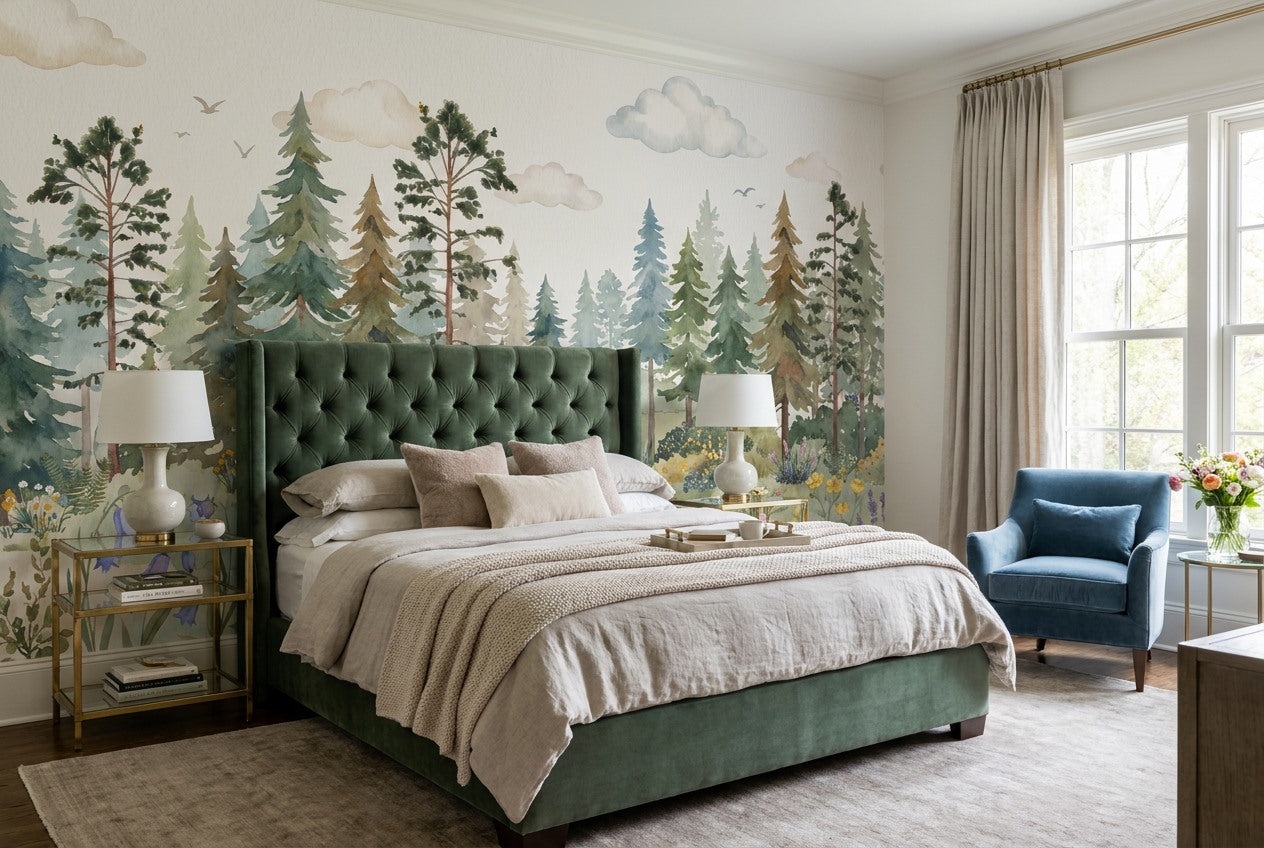 Green Meadow Pine Tree Wallpaper Mural interior setting