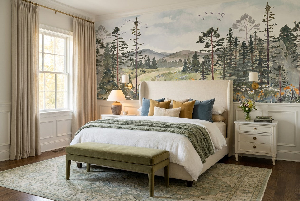 Emerald Meadow Pine Tree Wallpaper Mural interior setting