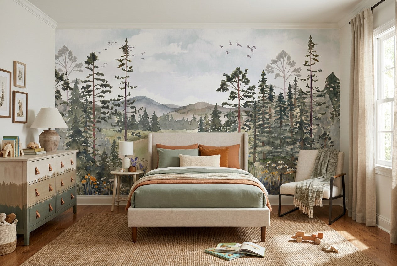 Emerald Meadow Pine Tree Wallpaper Mural interior setting