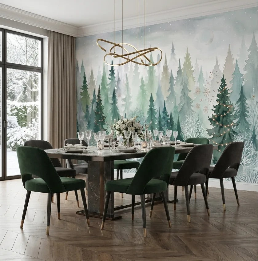 Green Snowy Winter Forest Wallpaper Mural
