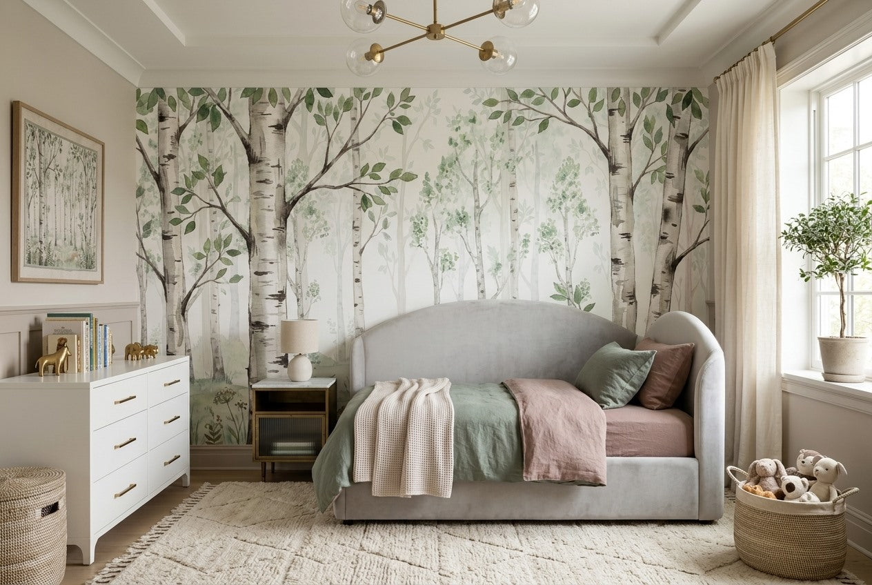 Natural Green Birch Forest Wallpaper Mural room scene