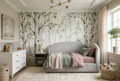 Natural Green Birch Forest Wallpaper Mural room scene