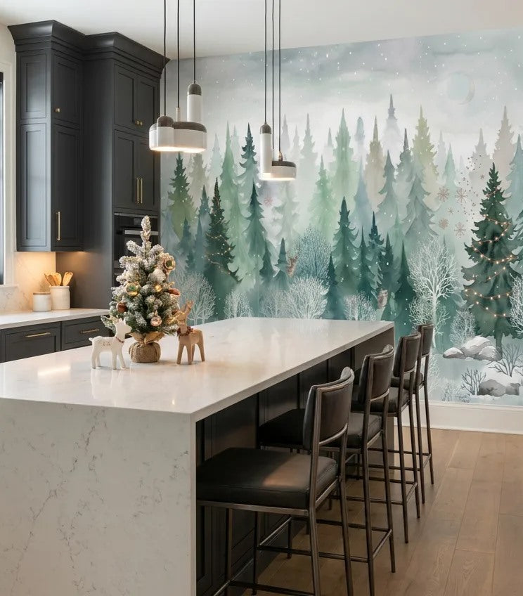 Green Snowy Winter Forest Wallpaper Mural