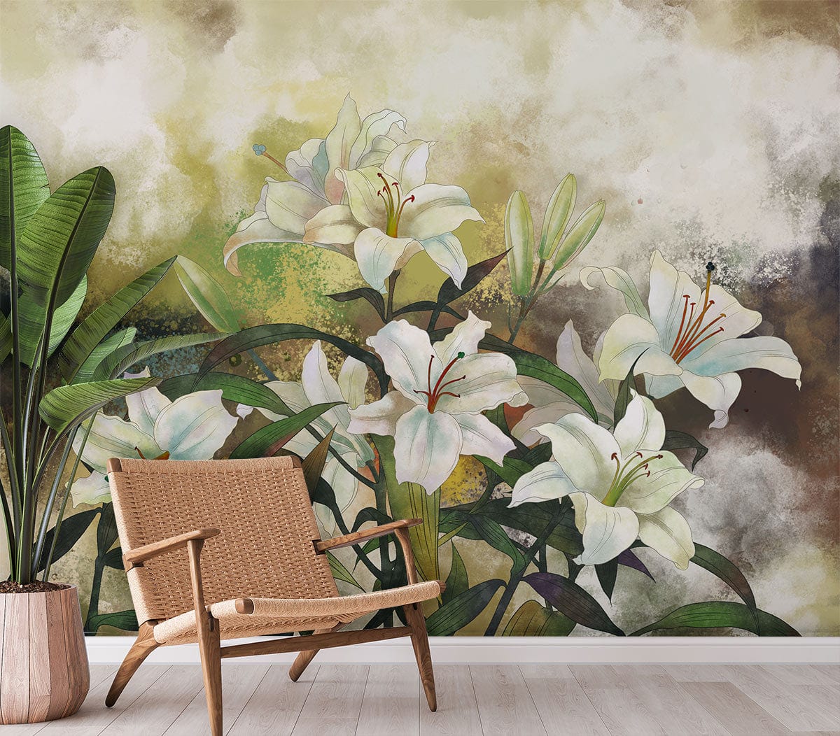 Elegant watercolour lily mural wallpaper with earthy tones, wicker chair, and minimalist wooden flooring.