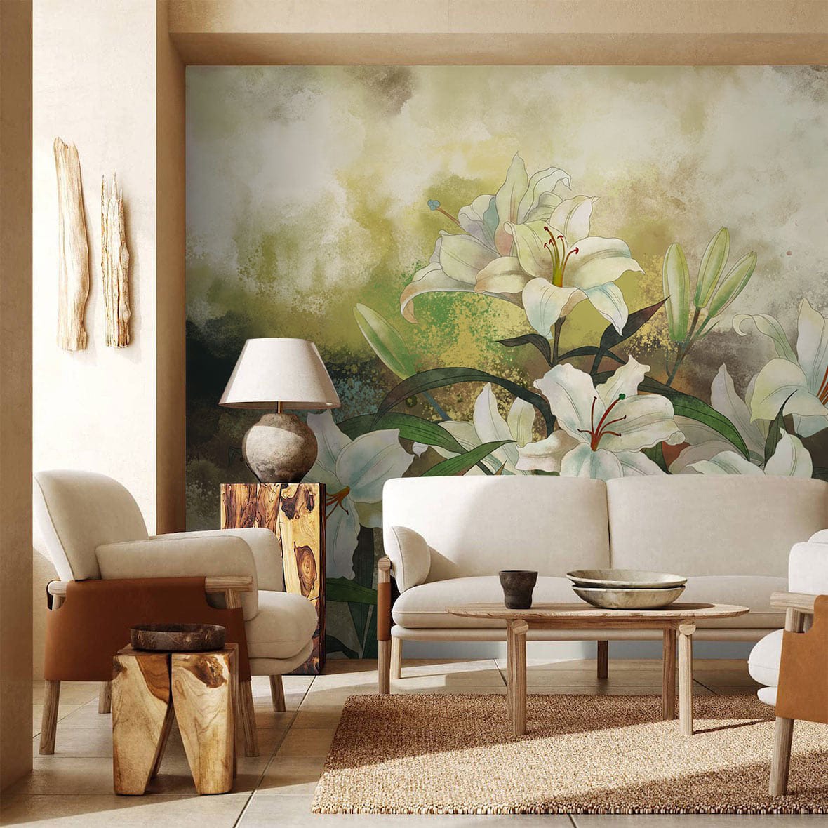 Elegant white lily floral mural wallpaper in a cosy living room with neutral furniture and earthy tones.