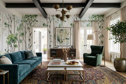 Calm Green Birch Forest Wallpaper Mural room scene