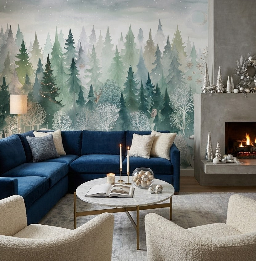 Green Snowy Winter Forest Wallpaper Mural