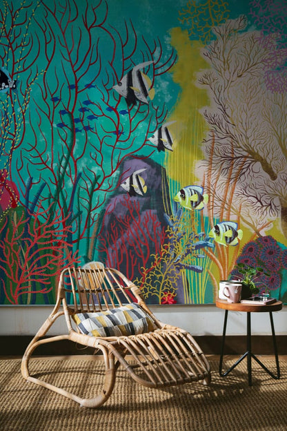 Wallcovering mural depicting a green ocean ground, ideal for use in hallway decor