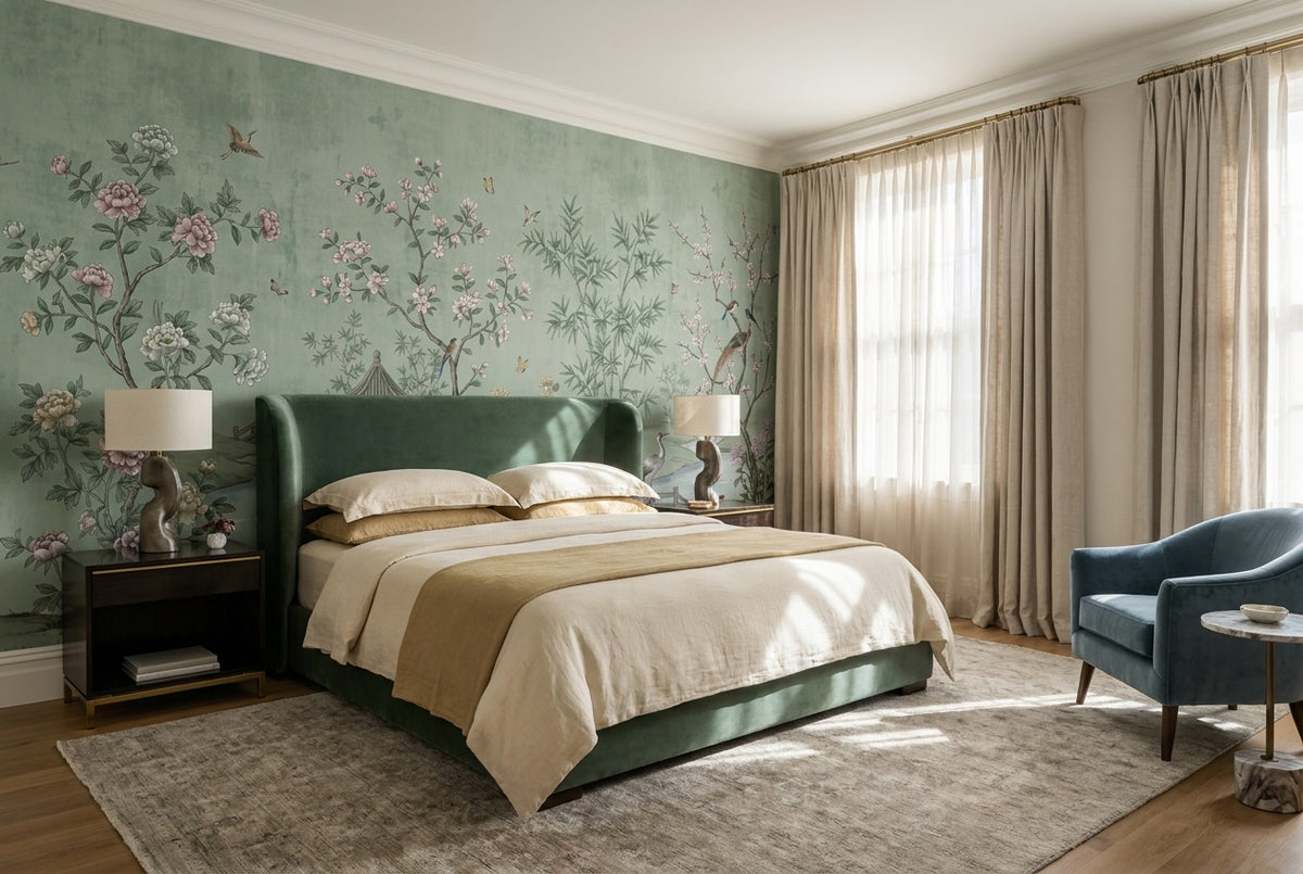 Sage Pavilion and Crane Chinoiserie Wallpaper Mural - 4