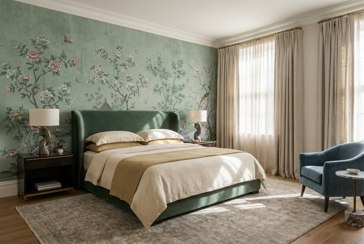 Sage Pavilion and Crane Chinoiserie Wallpaper Mural - 4