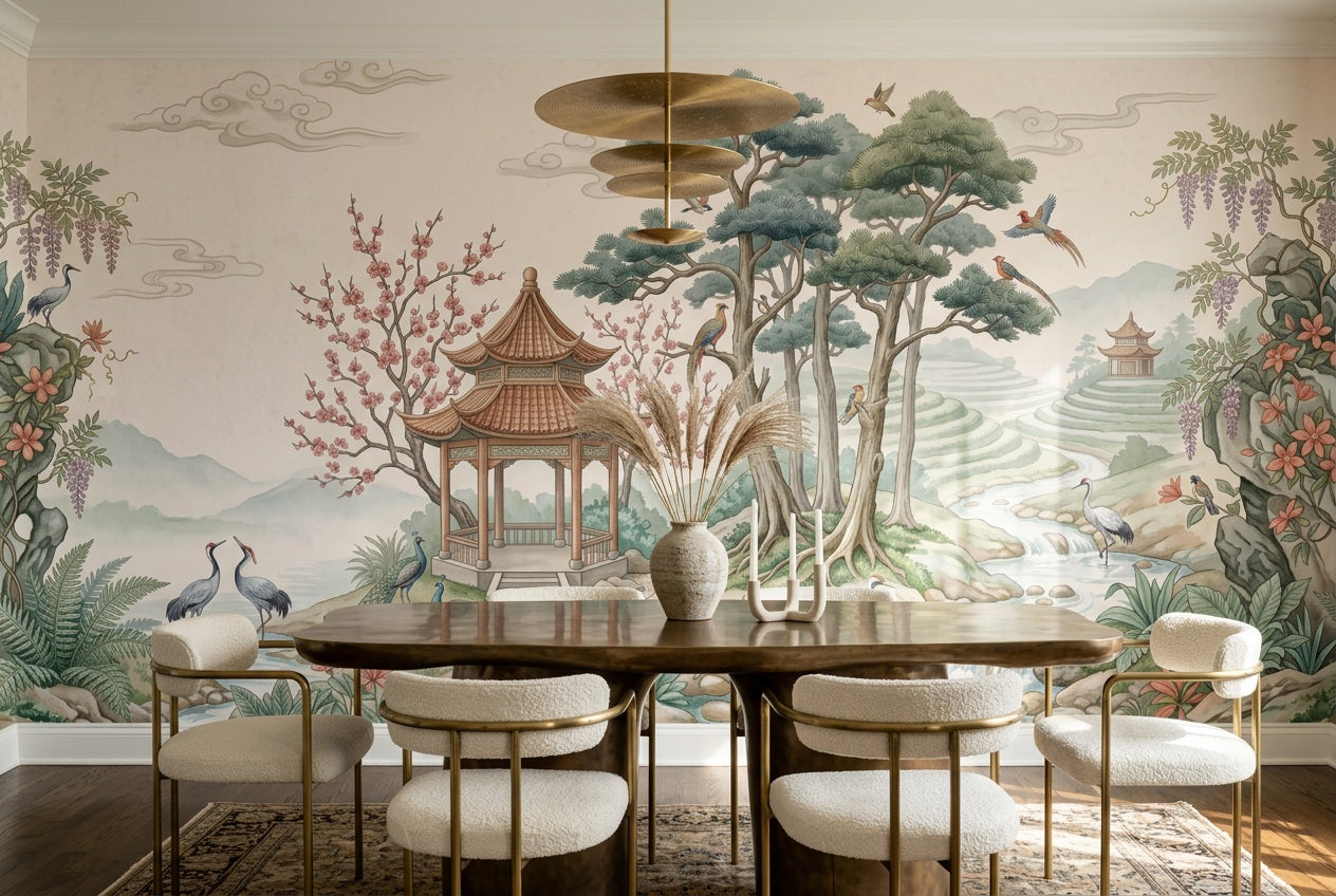 Green Pines and Stream Chinoiserie Wallpaper Mural - 1
