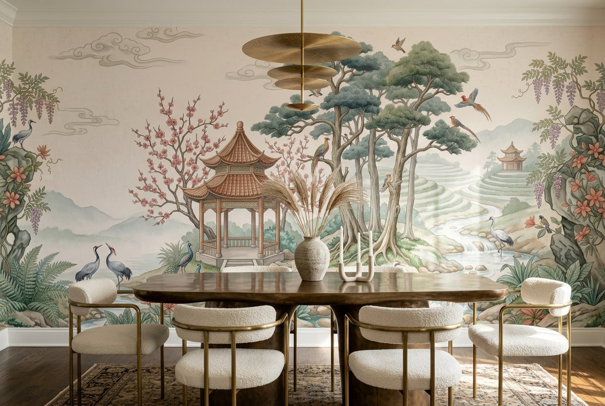 Green Pines and Stream Chinoiserie Wallpaper Mural - 1