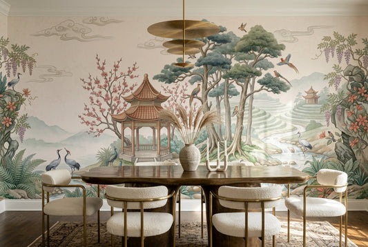 Green Pines and Stream Chinoiserie Wallpaper Mural - 1