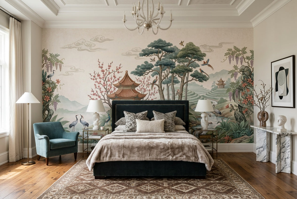 Green Pines and Stream Chinoiserie Wallpaper Mural - 4