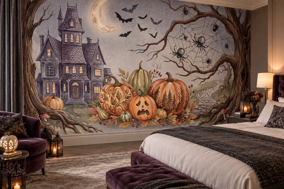 Haunted Mansion Pumpkins Bats and Spiders Halloween Wallpaper Mural - image 3
