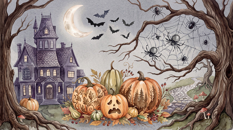 Haunted Mansion Pumpkins Bats and Spiders Halloween Wallpaper Mural