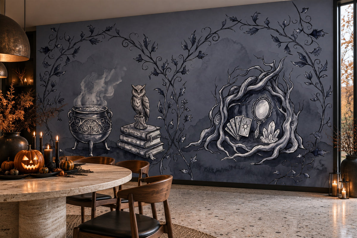 Cauldron Owl Books Vines and Crystal Ball Halloween Wallpaper Mural - image 1