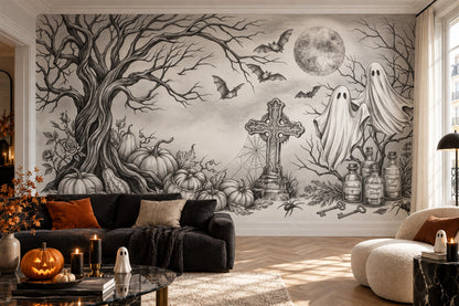 Ghosts Pumpkins Grave Cross and Potion Bottles Halloween Wallpaper Mural - image 4