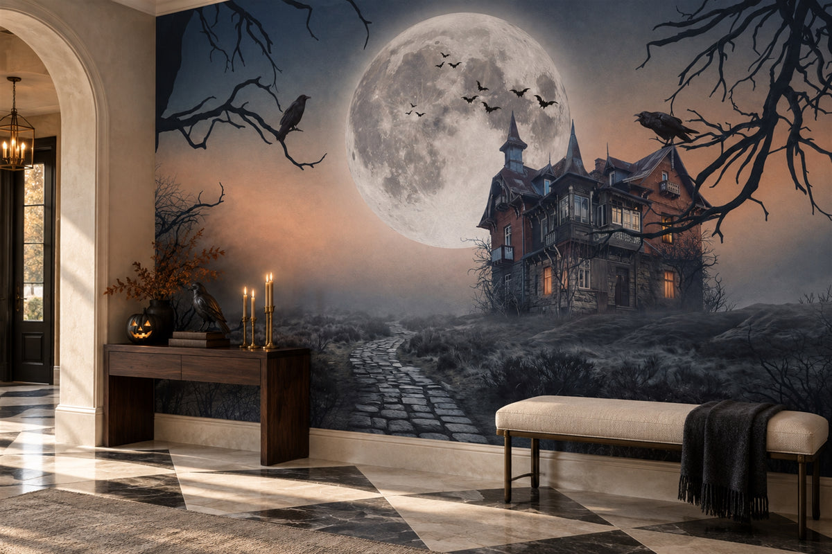Haunted Mansion Beneath Huge Full Moon Halloween Wallpaper Mural room scene