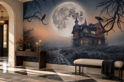 Haunted Mansion Beneath Huge Full Moon Halloween Wallpaper Mural room scene