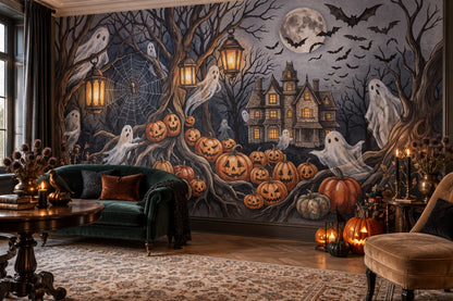 Ghosts Pumpkins Lanterns and Haunted House Halloween Wallpaper Mural - image 4