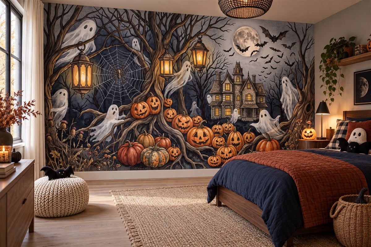 Ghosts Pumpkins Lanterns and Haunted House Halloween Wallpaper Mural - image 3