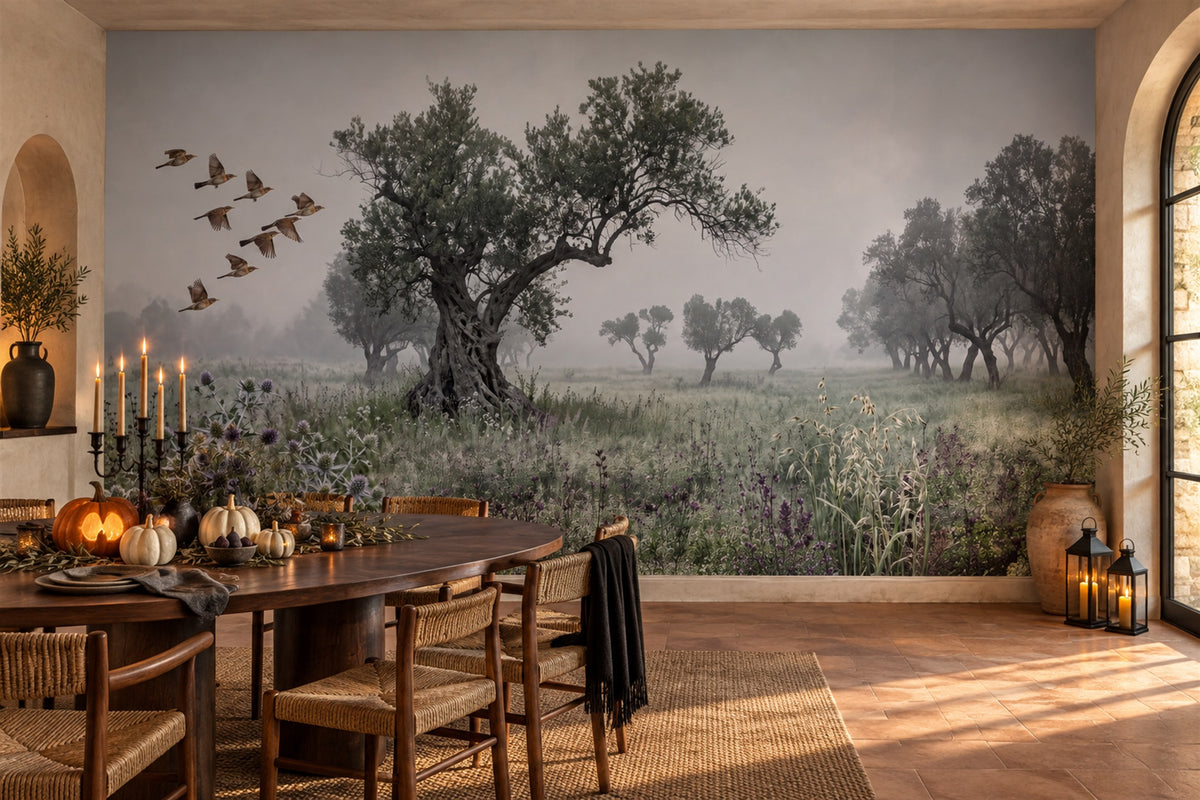 Misty Ancient Tree and Flying Birds Halloween Wallpaper Mural - image 1